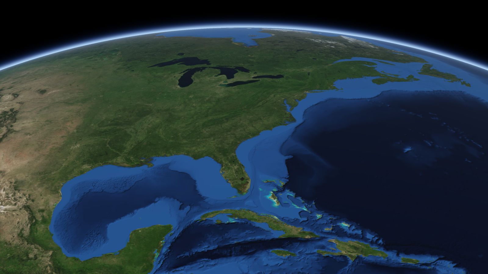 The curve of the Earth seen from orbit, with Concord ringed in amber near the middle of the picture.