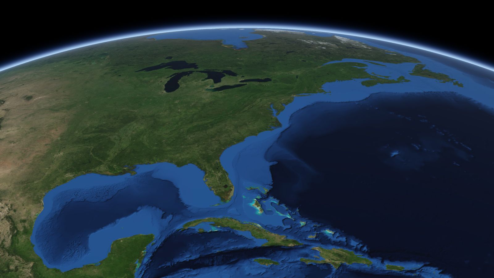 The curve of the Earth seen from orbit, with Durham ringed in amber near the middle of the picture.