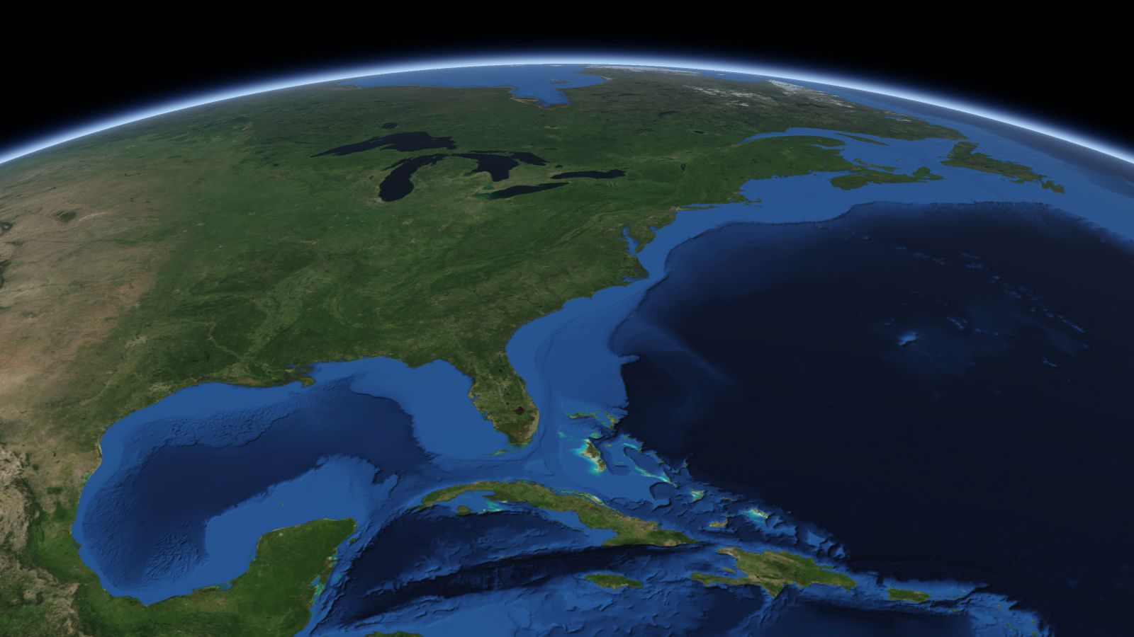 The curve of the Earth seen from orbit, with Fayetteville ringed in amber near the middle of the picture.