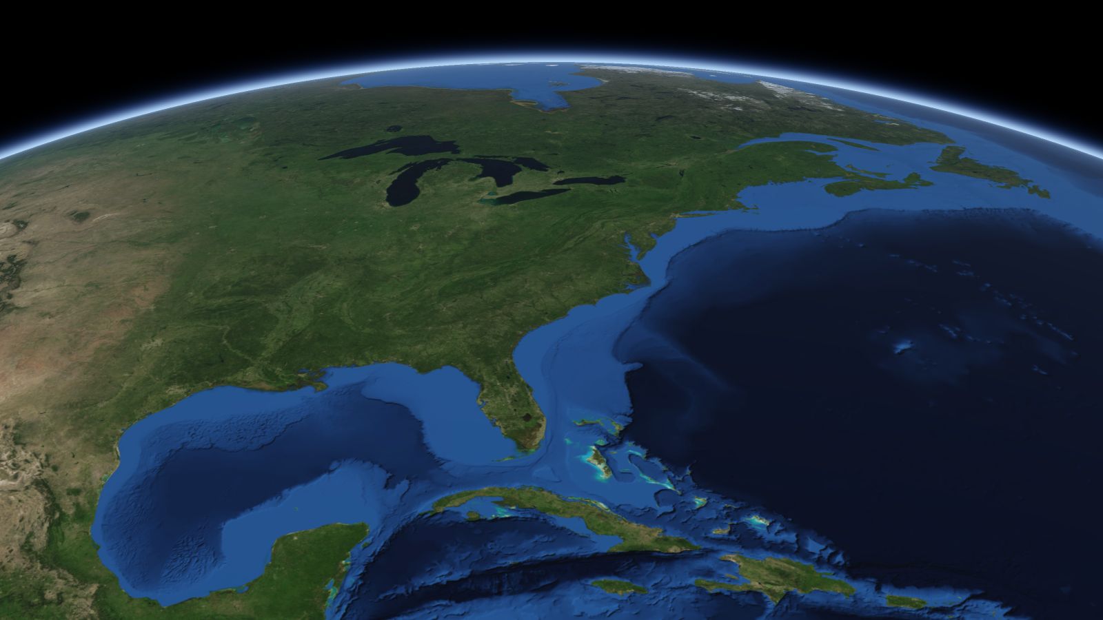The curve of the Earth seen from orbit, with Greensboro ringed in amber near the middle of the picture.