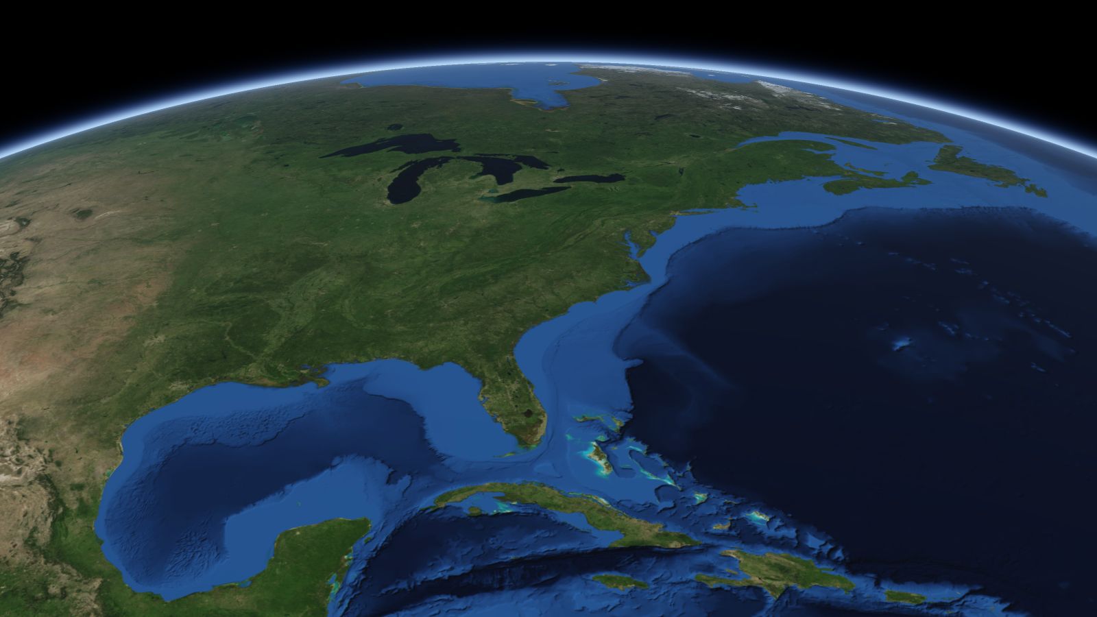 The curve of the Earth seen from orbit, with High Point ringed in amber near the middle of the picture.