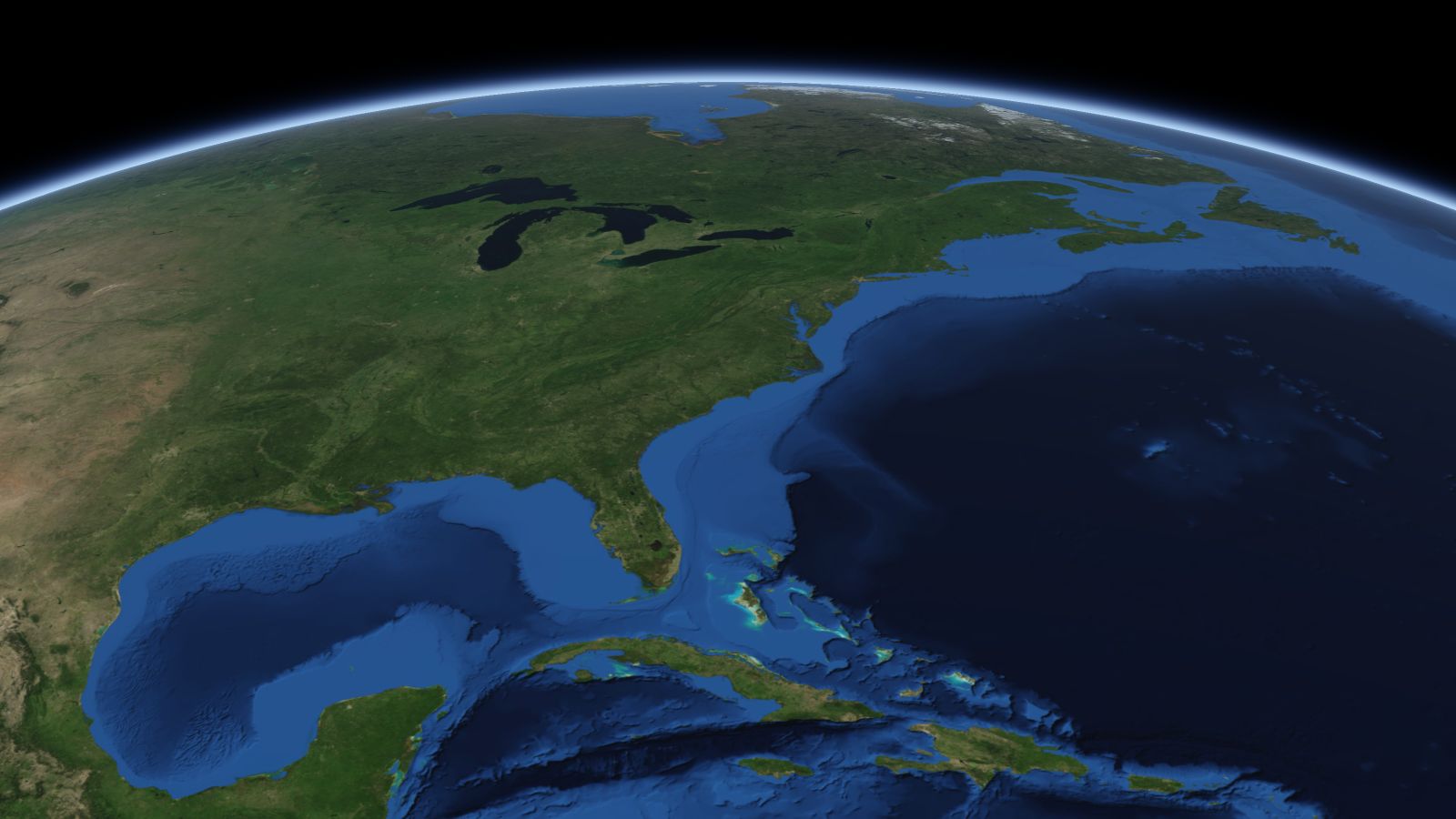 The curve of the Earth seen from orbit, with Raleigh ringed in amber near the middle of the picture.