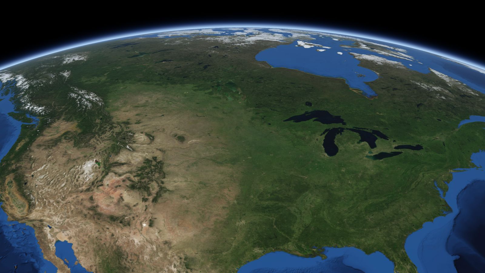 The curve of the Earth seen from orbit, with Fargo ringed in amber near the middle of the picture.