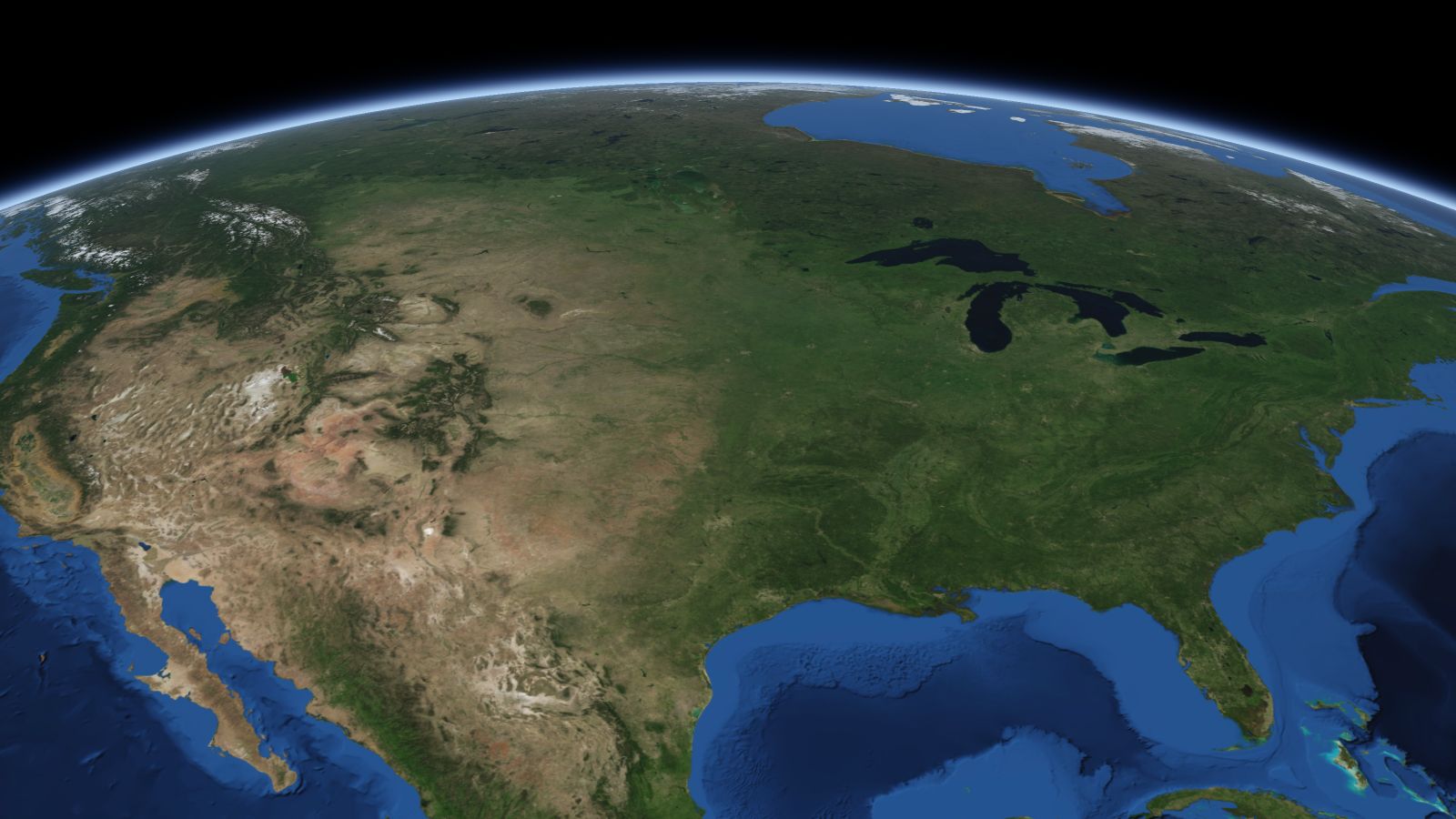 The curve of the Earth seen from orbit, with Lincoln ringed in amber near the middle of the picture.
