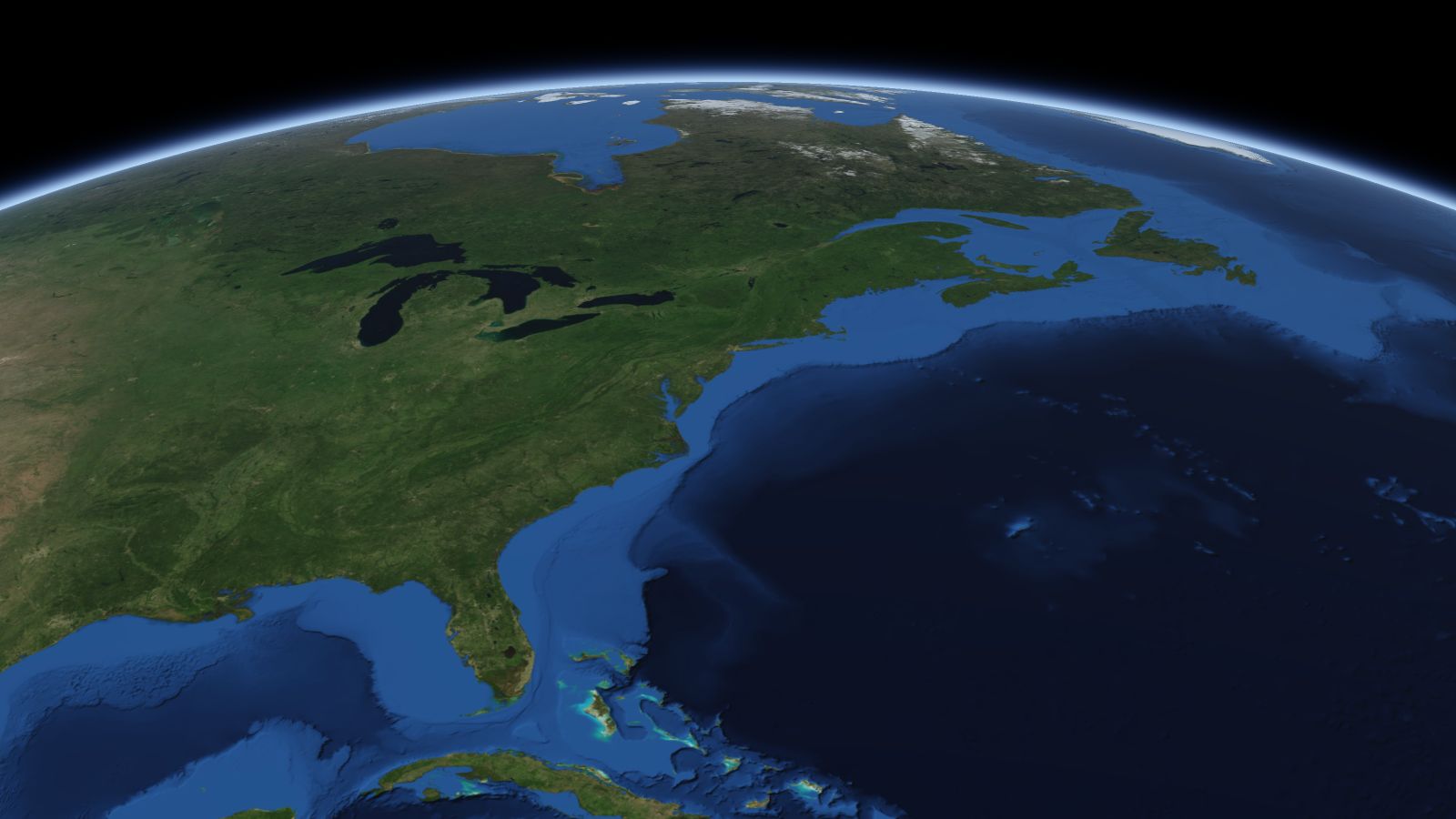 The curve of the Earth seen from orbit, with Lakewood ringed in amber near the middle of the picture.