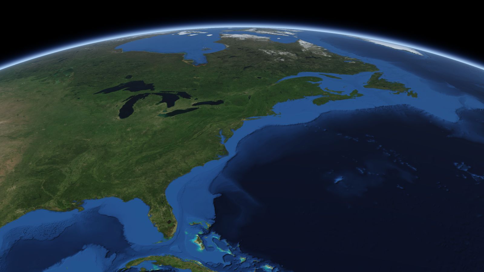 The curve of the Earth seen from orbit, with Newark ringed in amber near the middle of the picture.