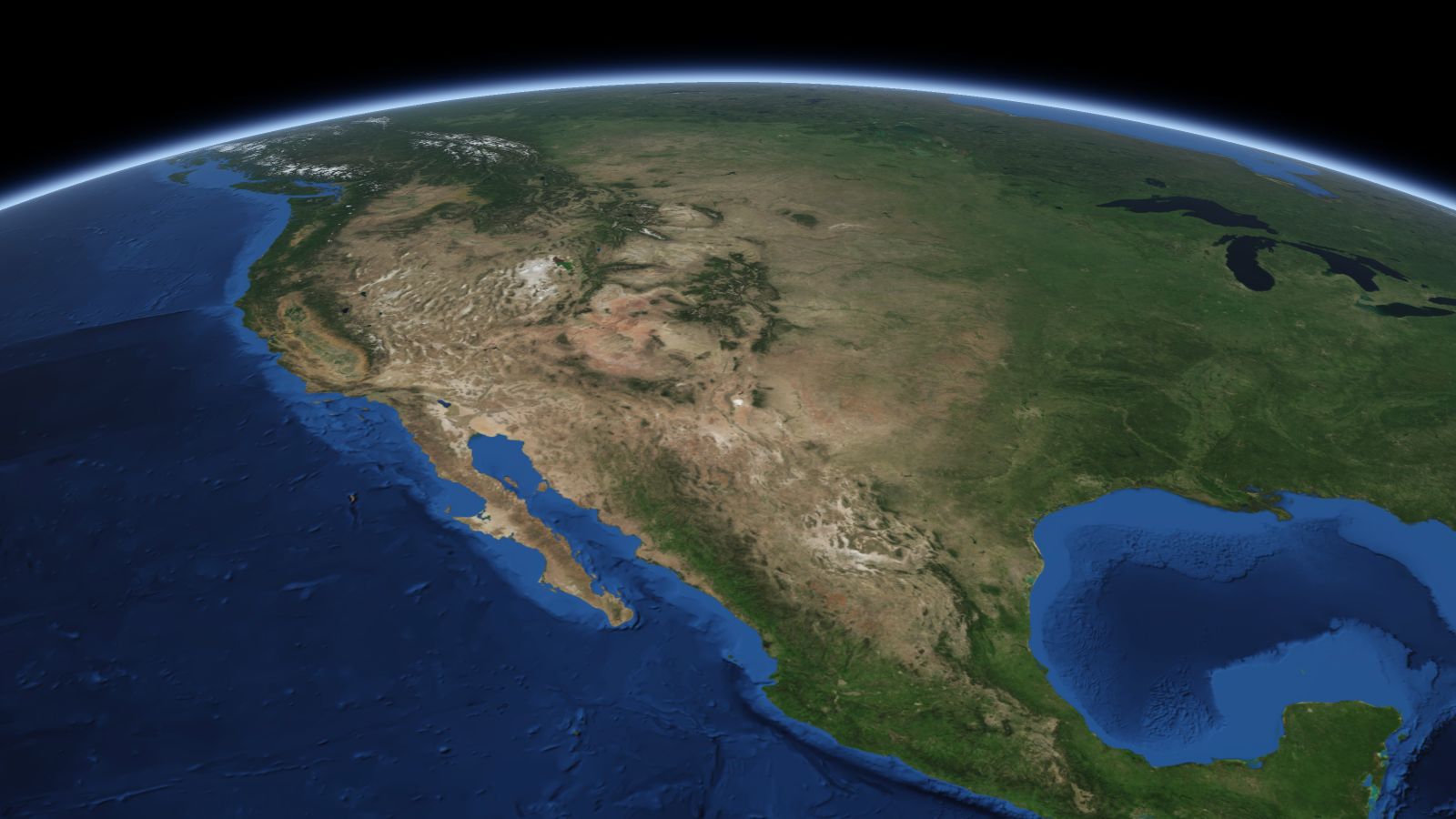 The curve of the Earth seen from orbit, with Albuquerque ringed in amber near the middle of the picture.