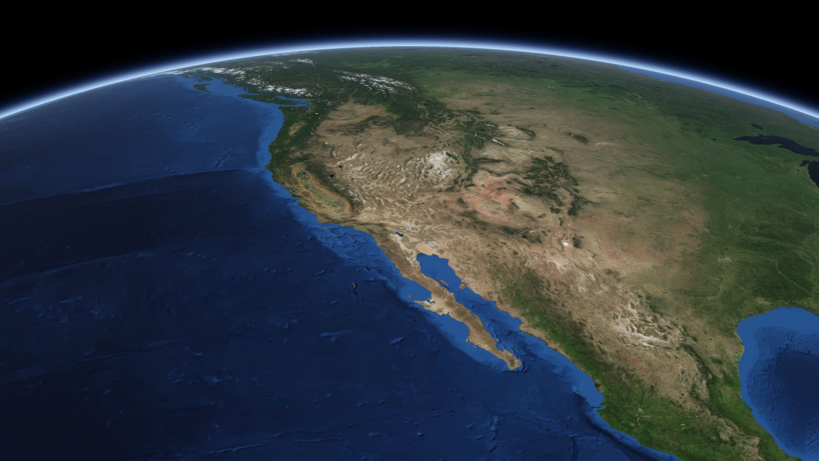 The curve of the Earth seen from orbit, with Las Vegas ringed in amber near the middle of the picture.