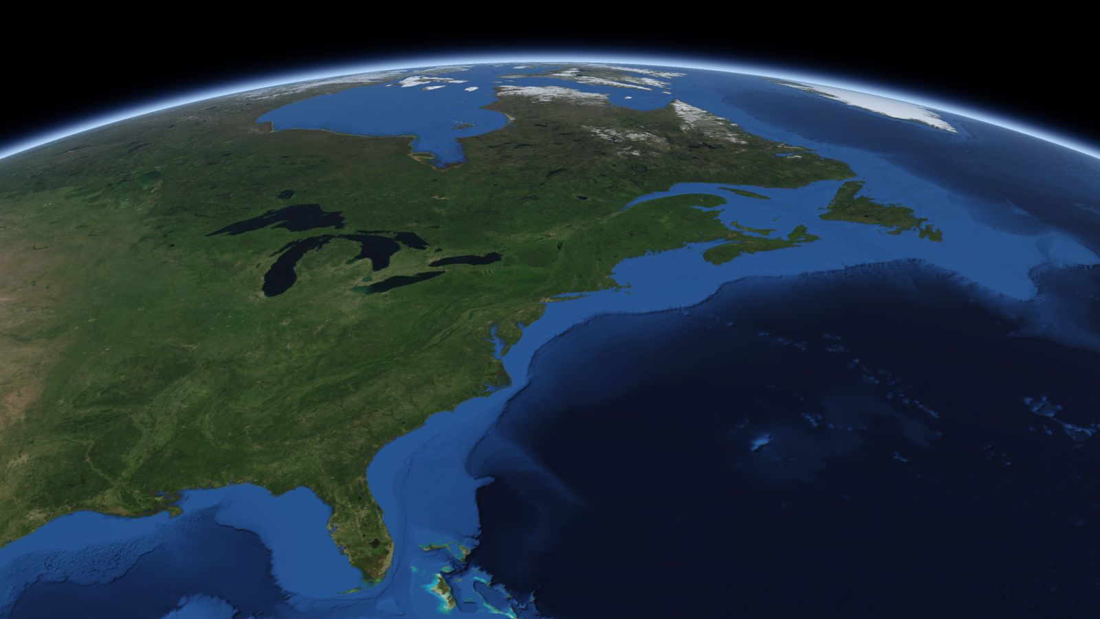 The curve of the Earth seen from orbit, with Albany ringed in amber near the middle of the picture.