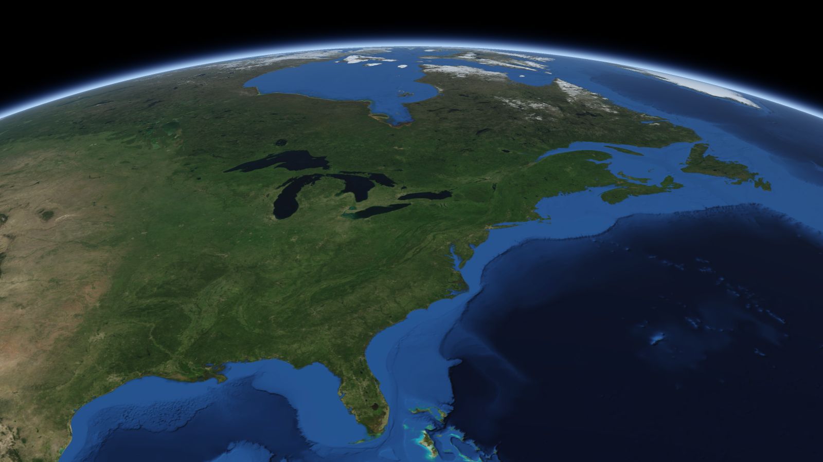 The curve of the Earth seen from orbit, with Buffalo ringed in amber near the middle of the picture.