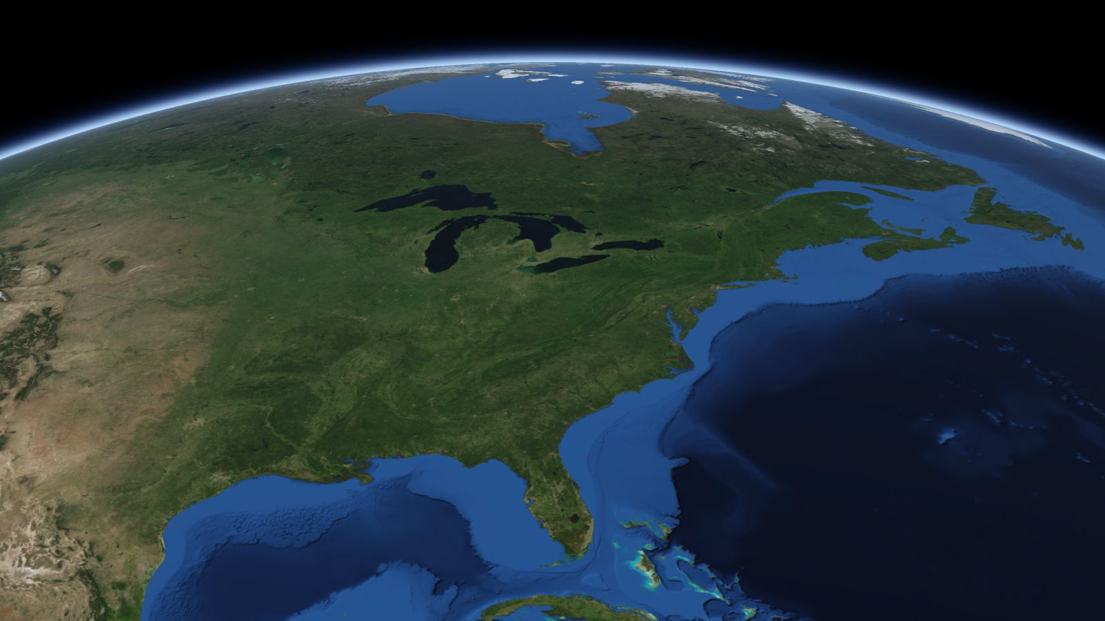 The curve of the Earth seen from orbit, with Cleveland ringed in amber near the middle of the picture.