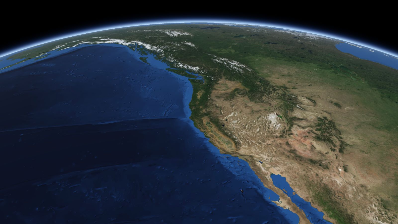 The curve of the Earth seen from orbit, with Eugene ringed in amber near the middle of the picture.