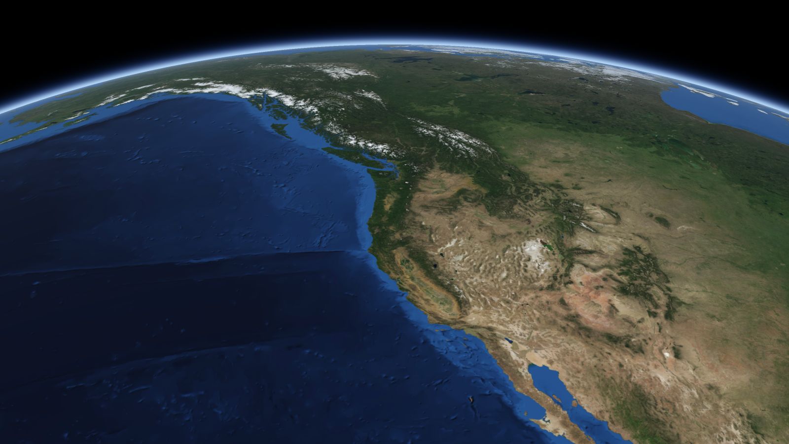 The curve of the Earth seen from orbit, with Portland ringed in amber near the middle of the picture.
