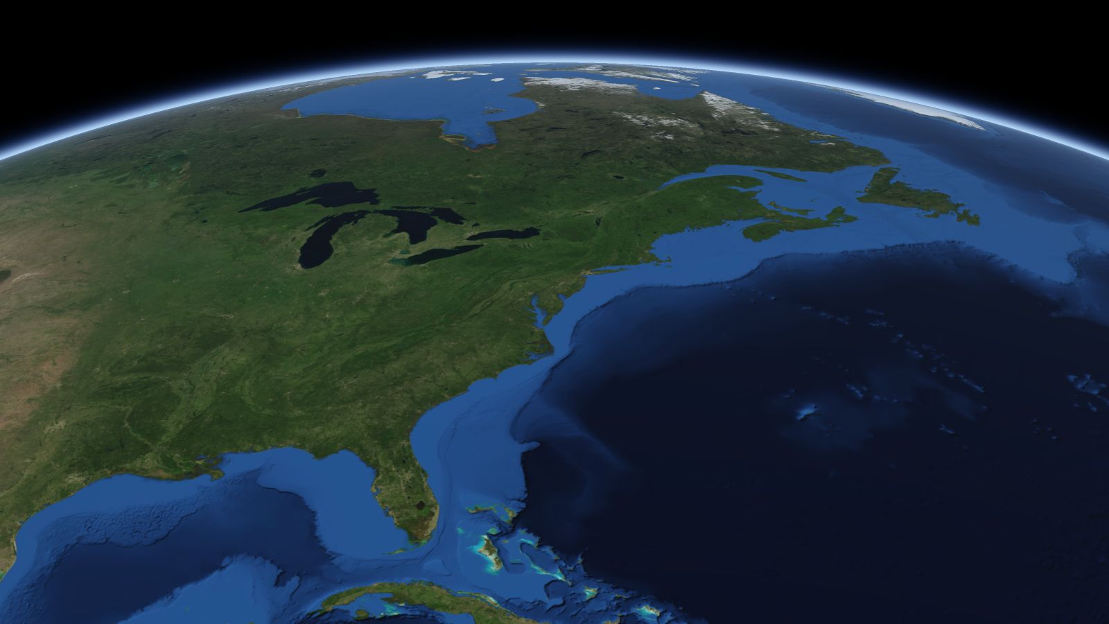 The curve of the Earth seen from orbit, with Allentown ringed in amber near the middle of the picture.