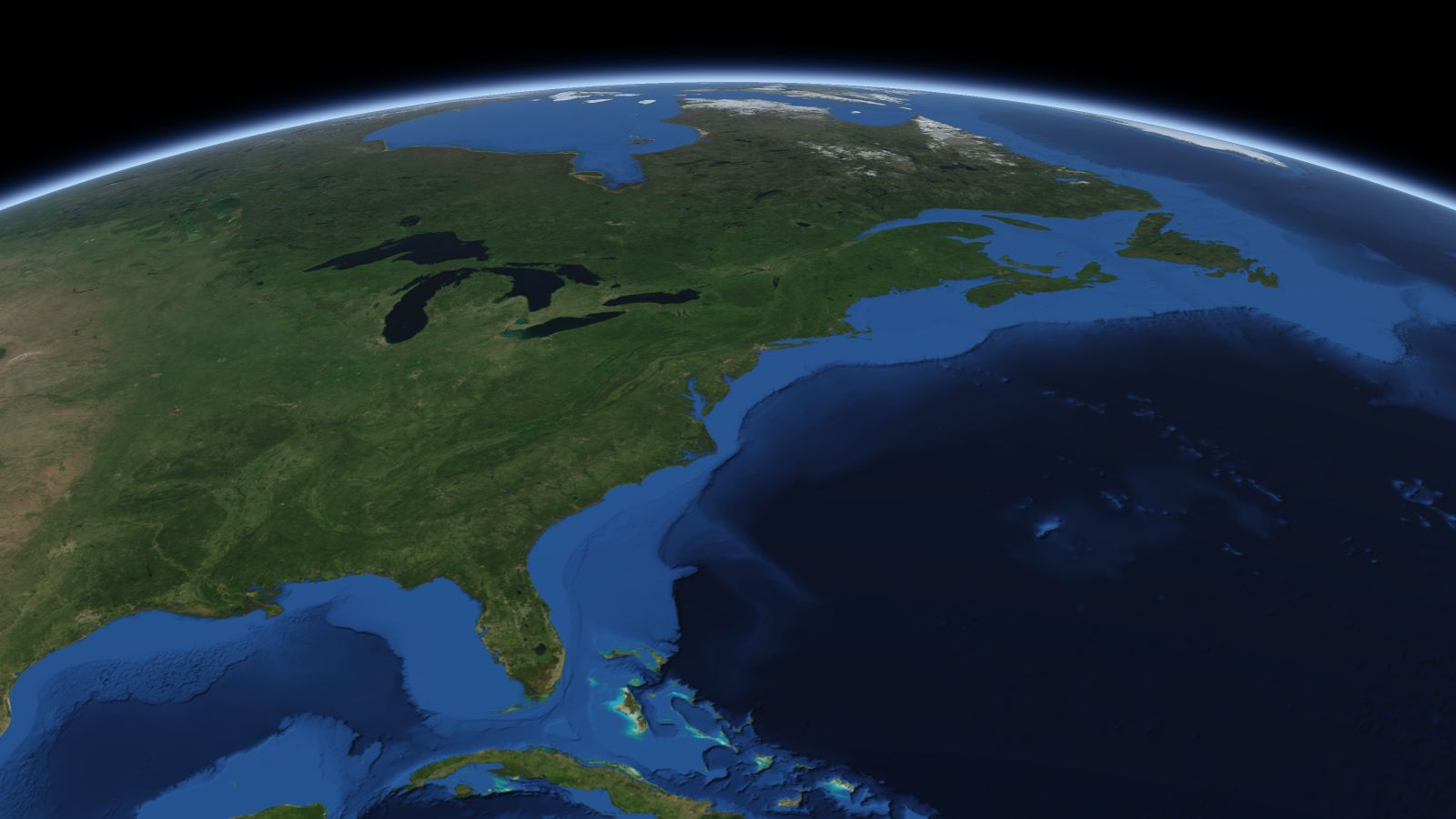 The curve of the Earth seen from orbit, with Philadelphia ringed in amber near the middle of the picture.
