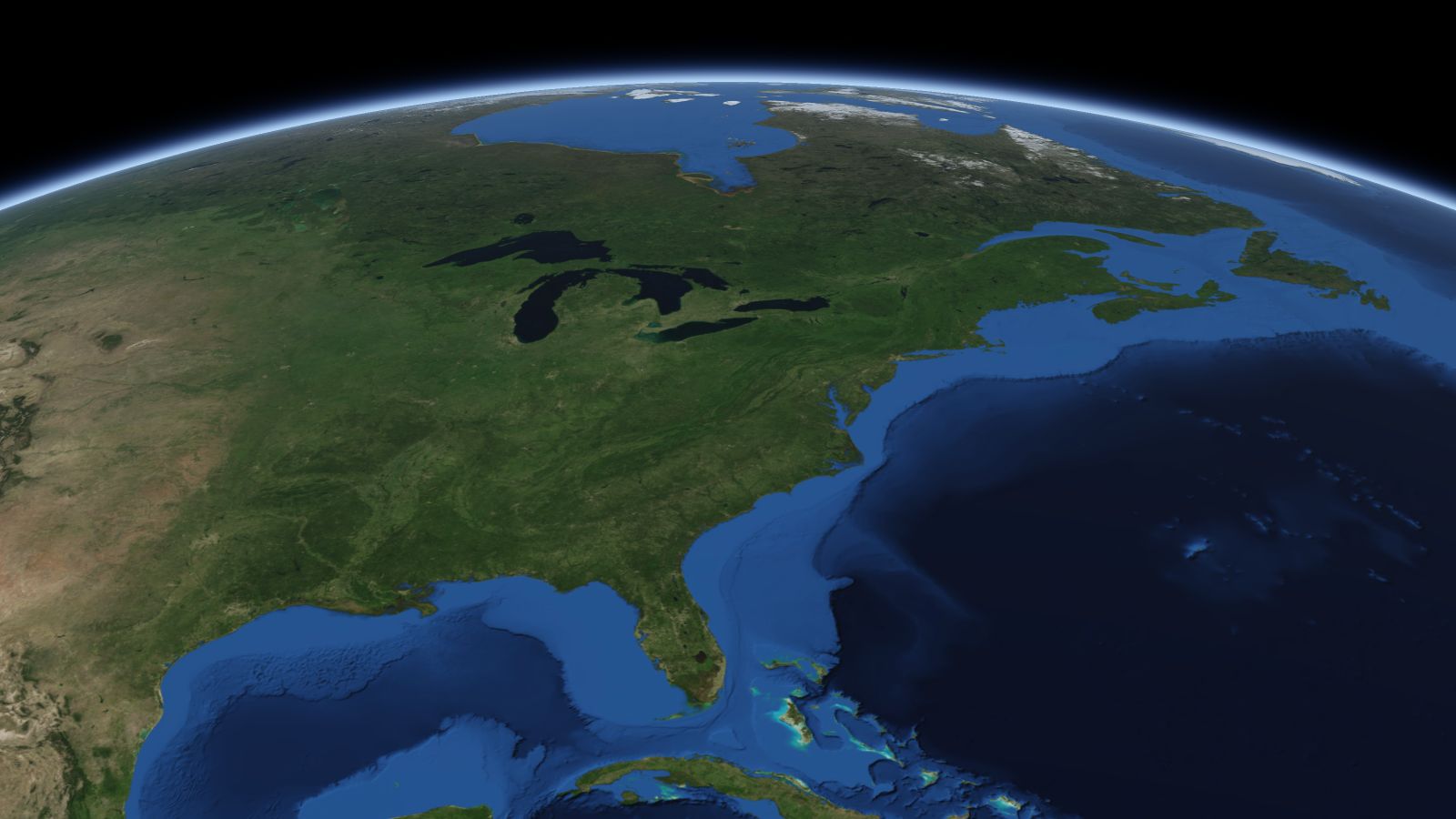 The curve of the Earth seen from orbit, with Pittsburgh ringed in amber near the middle of the picture.