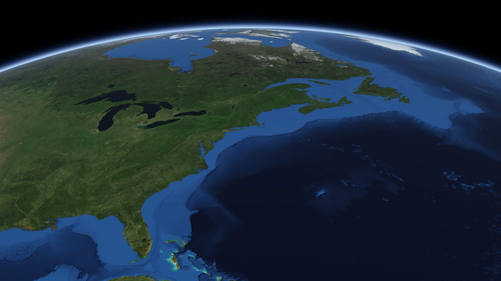 The curve of the Earth seen from orbit, with Providence ringed in amber near the middle of the picture.