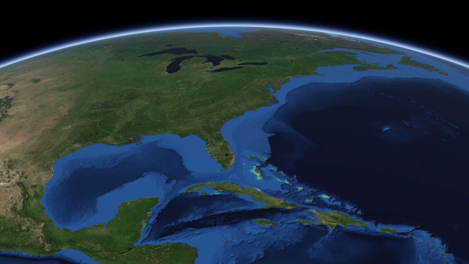 The curve of the Earth seen from orbit, with North Charleston ringed in amber near the middle of the picture.