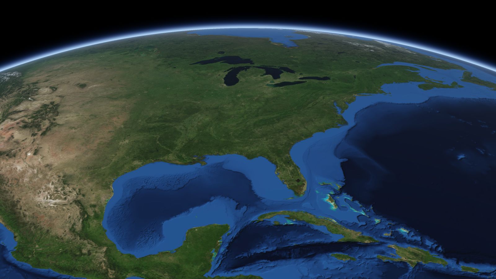 The curve of the Earth seen from orbit, with Chattanooga ringed in amber near the middle of the picture.