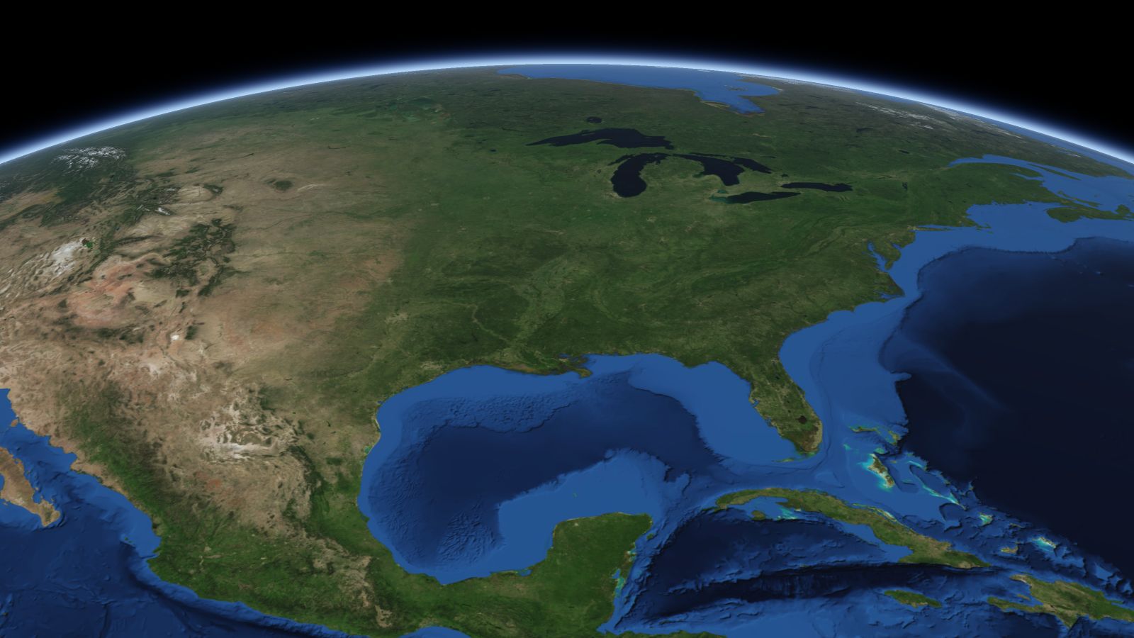 The curve of the Earth seen from orbit, with Memphis ringed in amber near the middle of the picture.