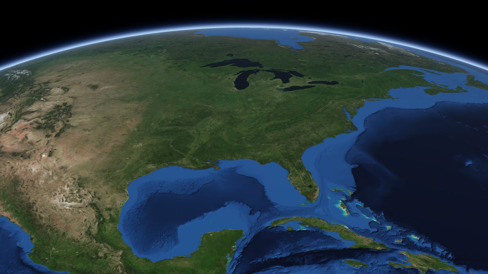 The curve of the Earth seen from orbit, with Nashville ringed in amber near the middle of the picture.