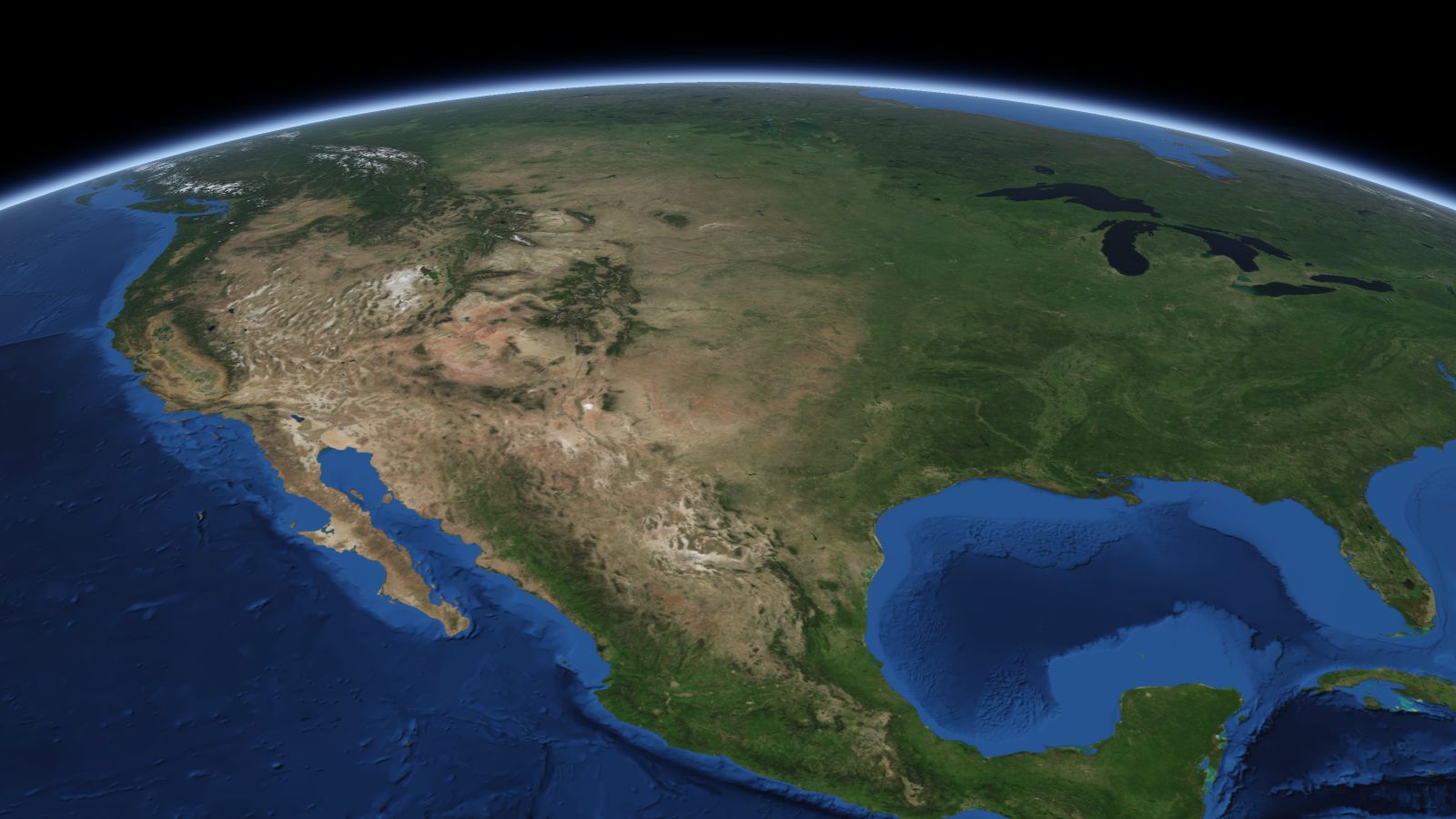 The curve of the Earth seen from orbit, with Amarillo ringed in amber near the middle of the picture.