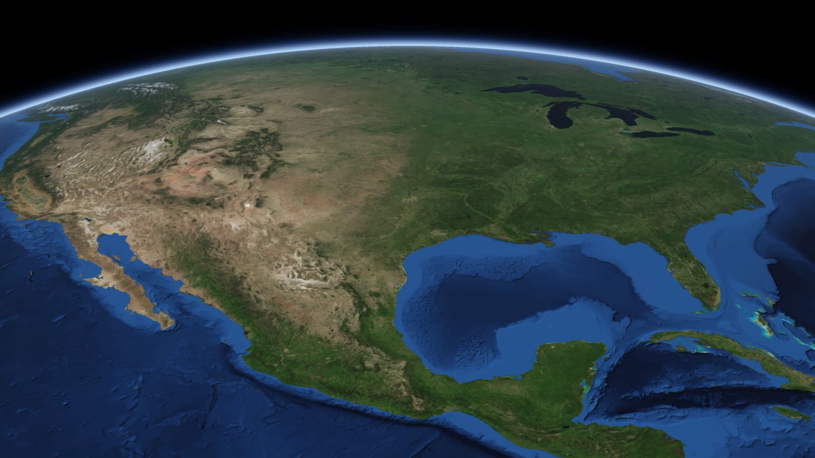The curve of the Earth seen from orbit, with Arlington ringed in amber near the middle of the picture.