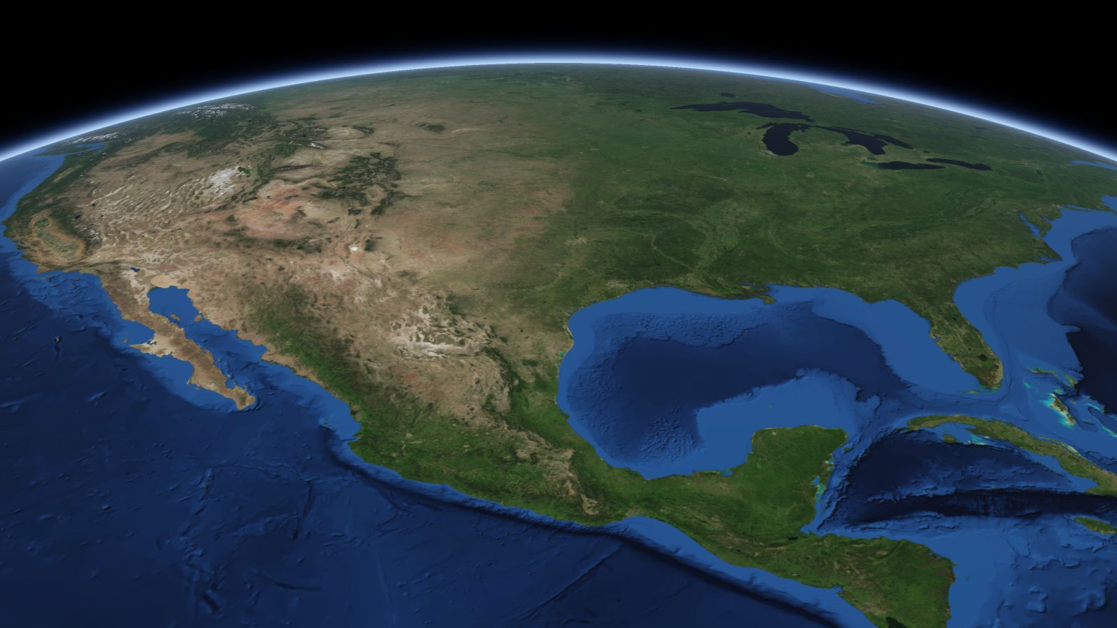 The curve of the Earth seen from orbit, with Austin ringed in amber near the middle of the picture.