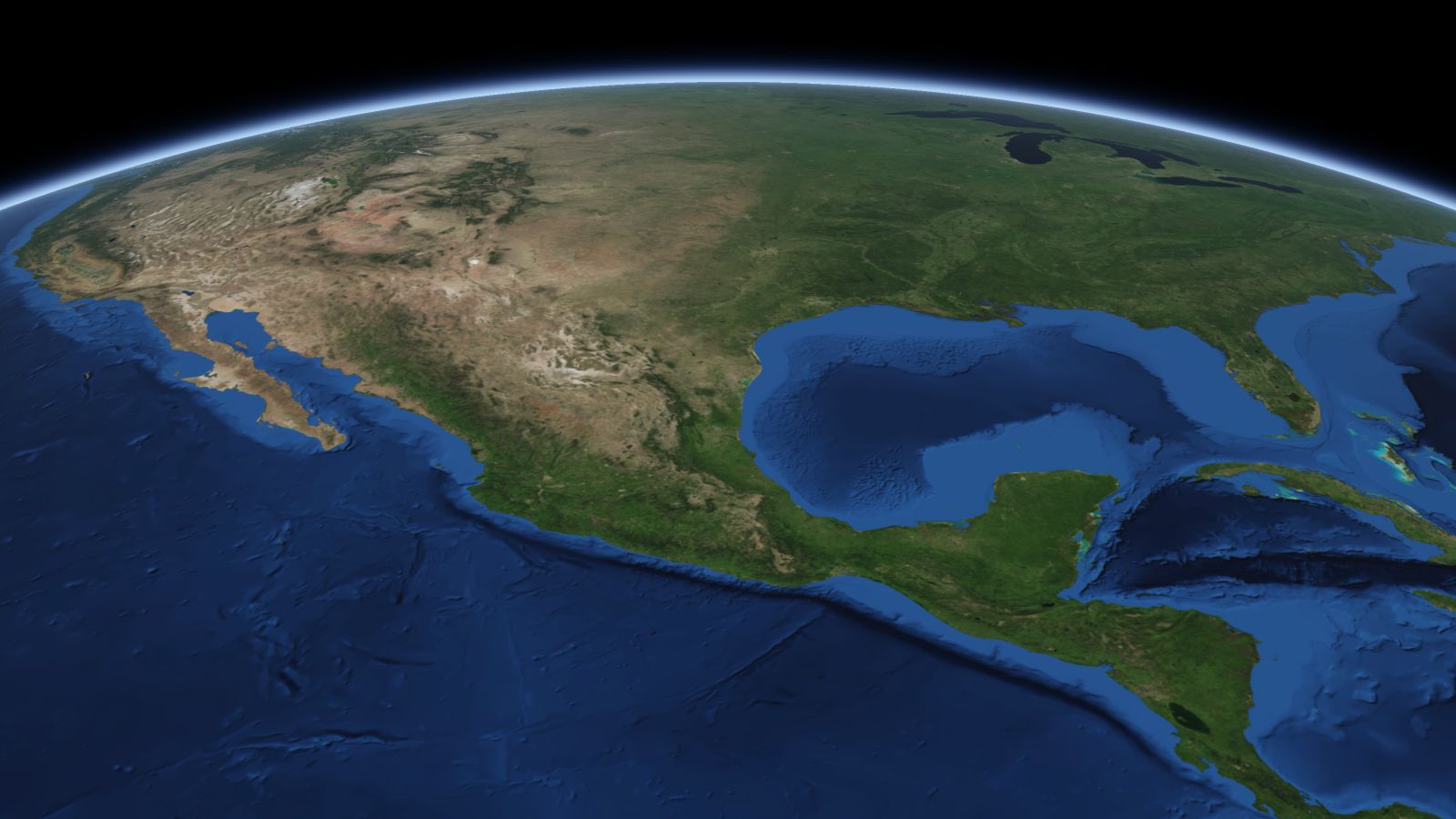 The curve of the Earth seen from orbit, with Edinburg ringed in amber near the middle of the picture.