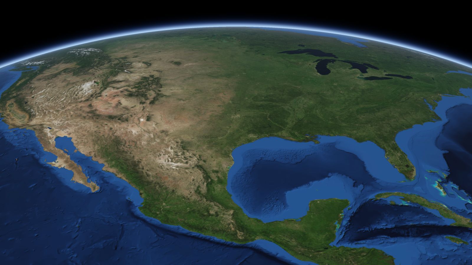 The curve of the Earth seen from orbit, with Irving ringed in amber near the middle of the picture.