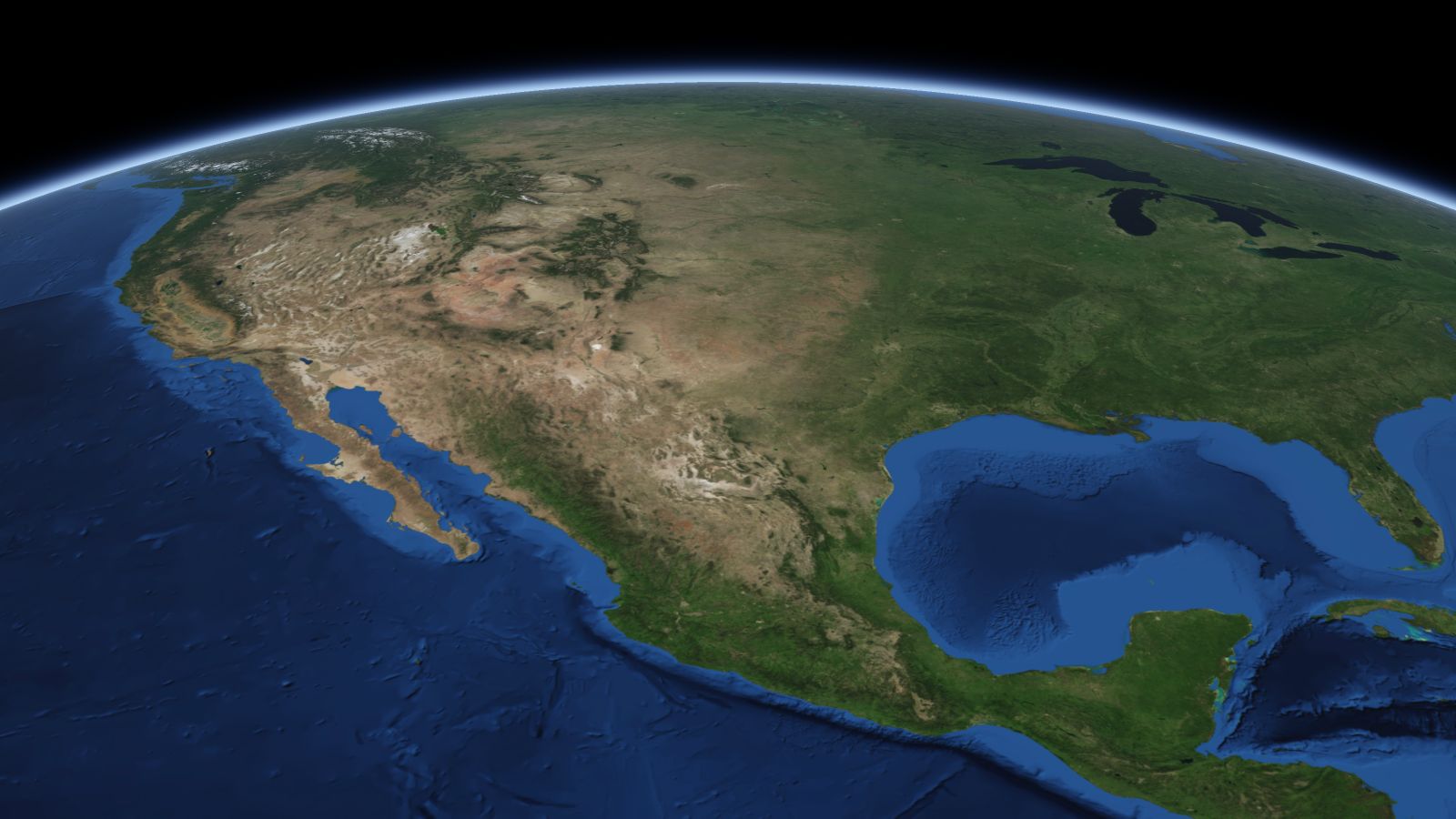 The curve of the Earth seen from orbit, with Midland ringed in amber near the middle of the picture.