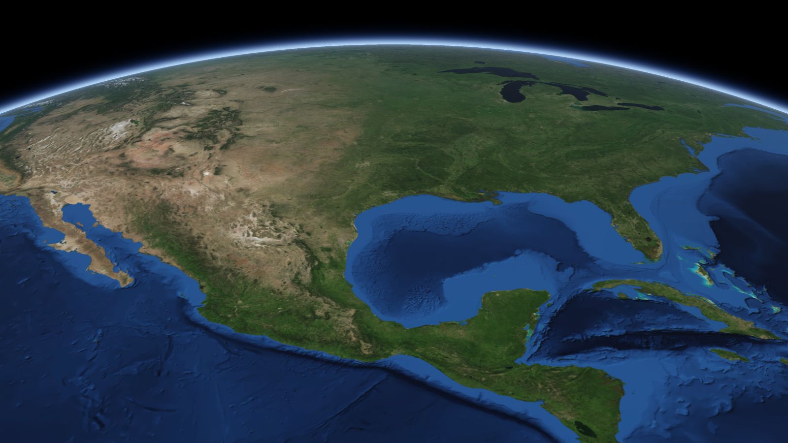 The curve of the Earth seen from orbit, with Pasadena ringed in amber near the middle of the picture.