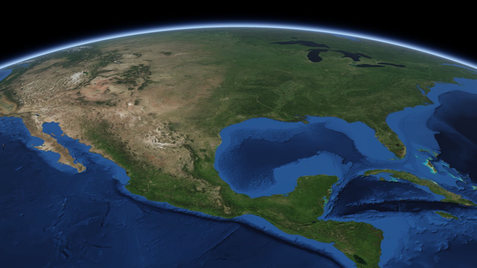 The curve of the Earth seen from orbit, with Sugar Land ringed in amber near the middle of the picture.