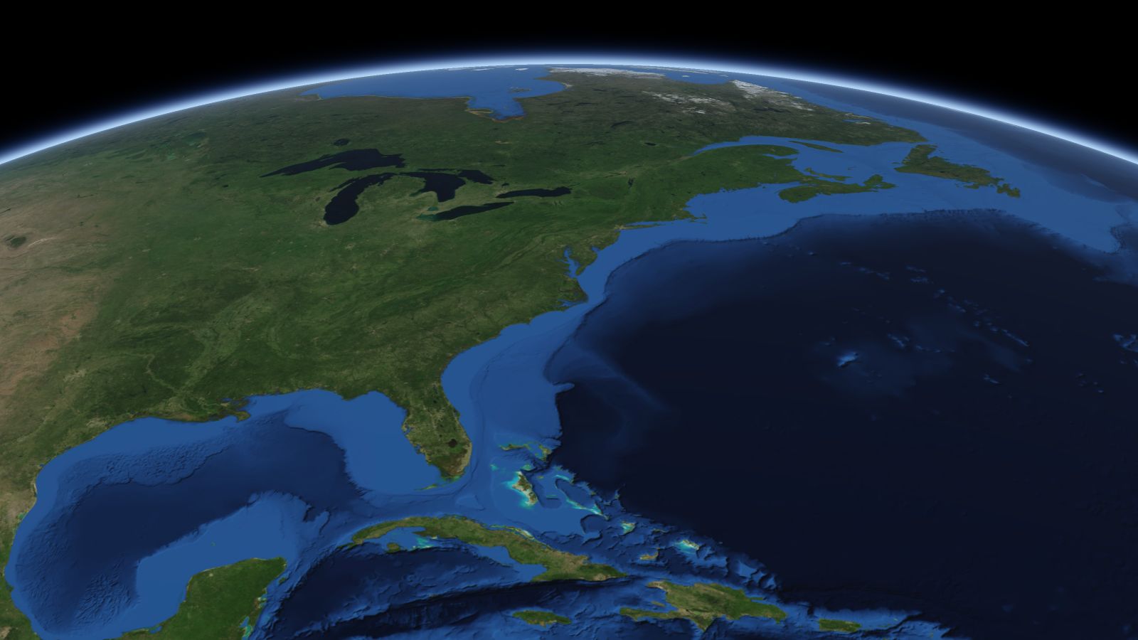 The curve of the Earth seen from orbit, with Chesapeake ringed in amber near the middle of the picture.