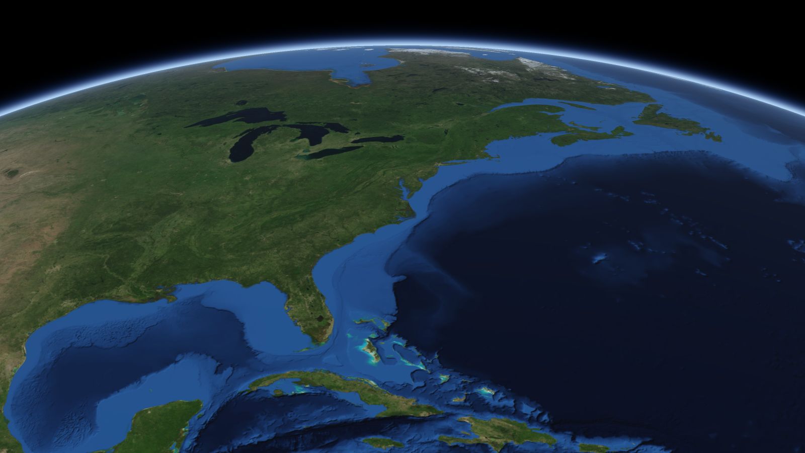 The curve of the Earth seen from orbit, with Hampton ringed in amber near the middle of the picture.