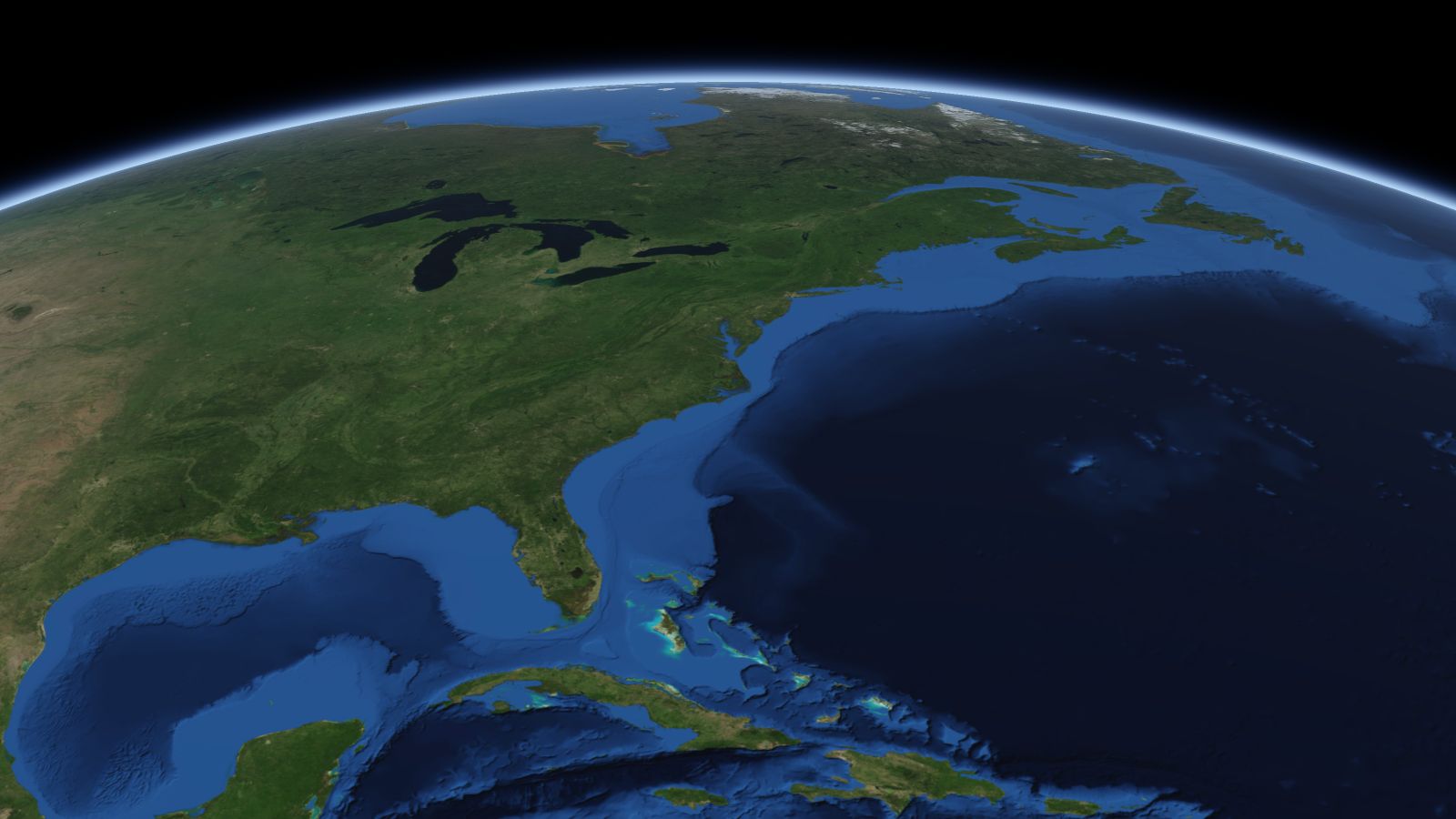 The curve of the Earth seen from orbit, with Norfolk ringed in amber near the middle of the picture.
