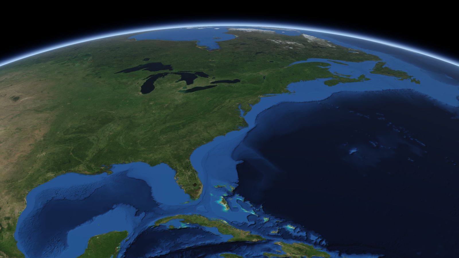 The curve of the Earth seen from orbit, with Richmond ringed in amber near the middle of the picture.