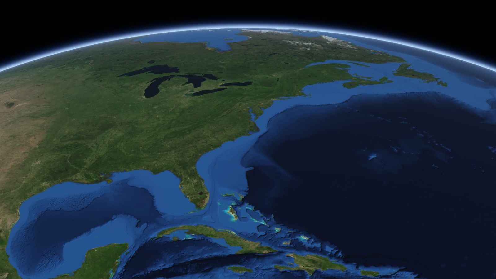 The curve of the Earth seen from orbit, with Suffolk ringed in amber near the middle of the picture.