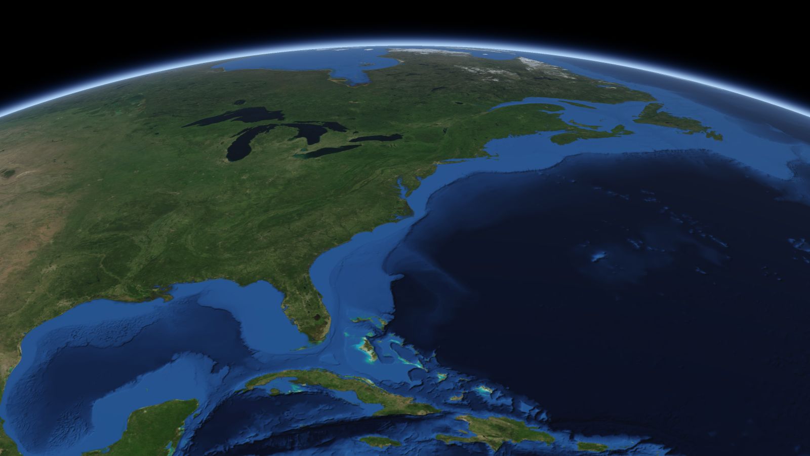 The curve of the Earth seen from orbit, with Virginia Beach ringed in amber near the middle of the picture.
