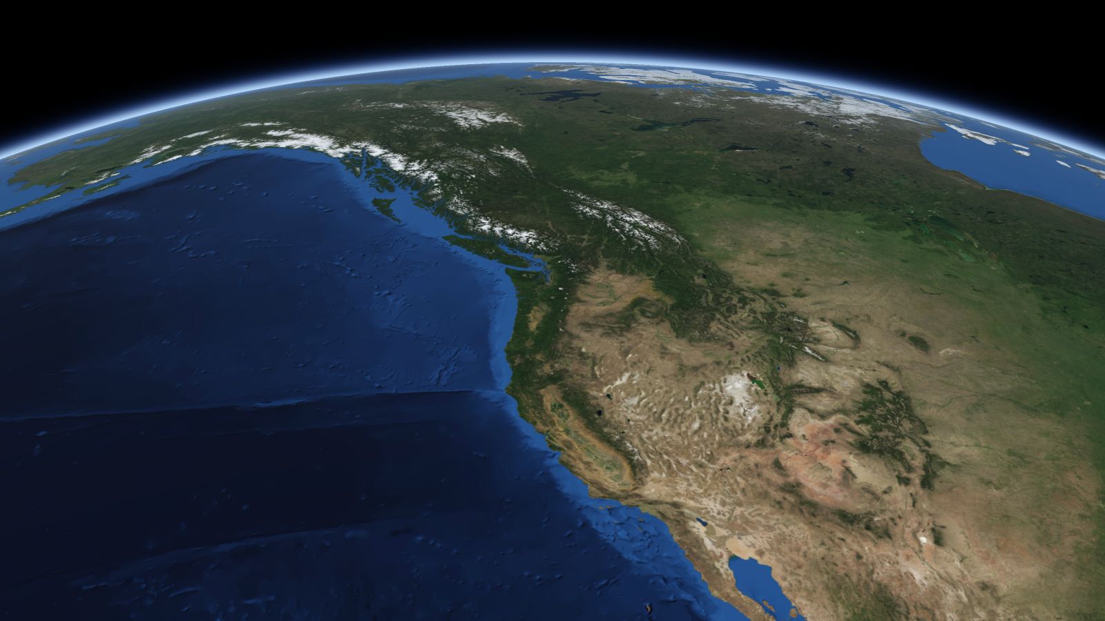 The curve of the Earth seen from orbit, with Everett ringed in amber near the middle of the picture.