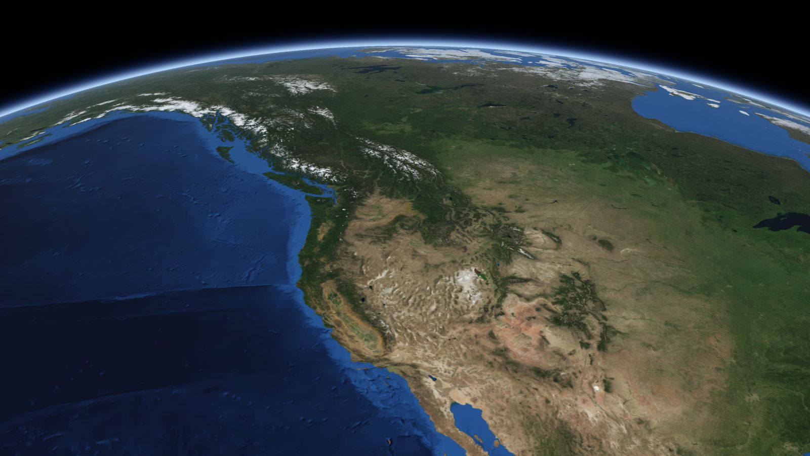 The curve of the Earth seen from orbit, with Spokane ringed in amber near the middle of the picture.