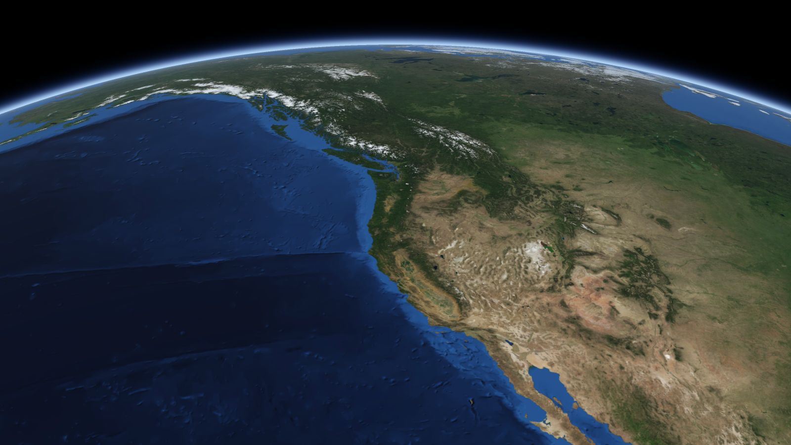 The curve of the Earth seen from orbit, with Vancouver ringed in amber near the middle of the picture.